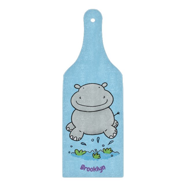 Cute hippo jumping cartoon illustration cutting board (Front)