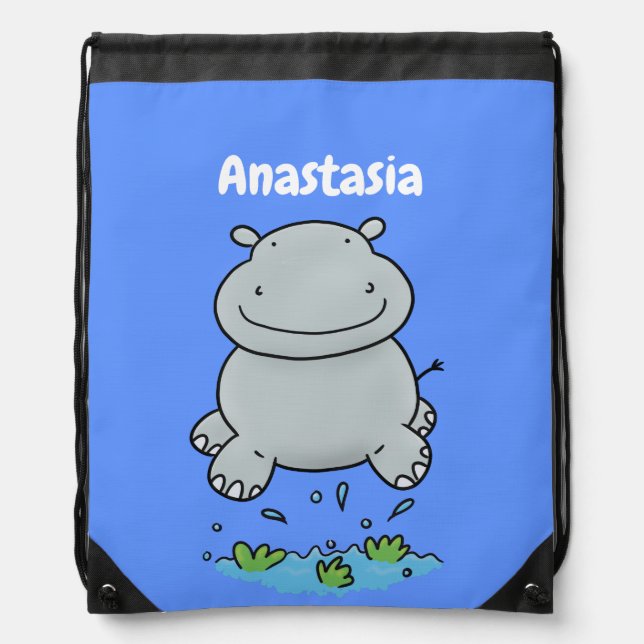 Cute hippo jumping cartoon illustration drawstring bag (Front)