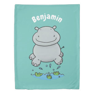 Cute hippo jumping cartoon illustration duvet cover