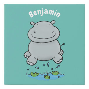 Cute hippo jumping cartoon illustration faux canvas print