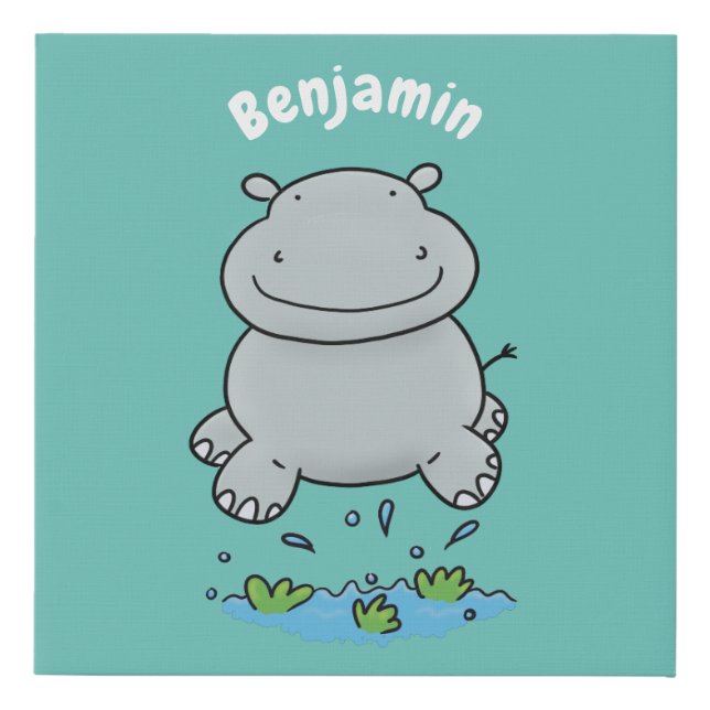 Cute hippo jumping cartoon illustration faux canvas print (Front)