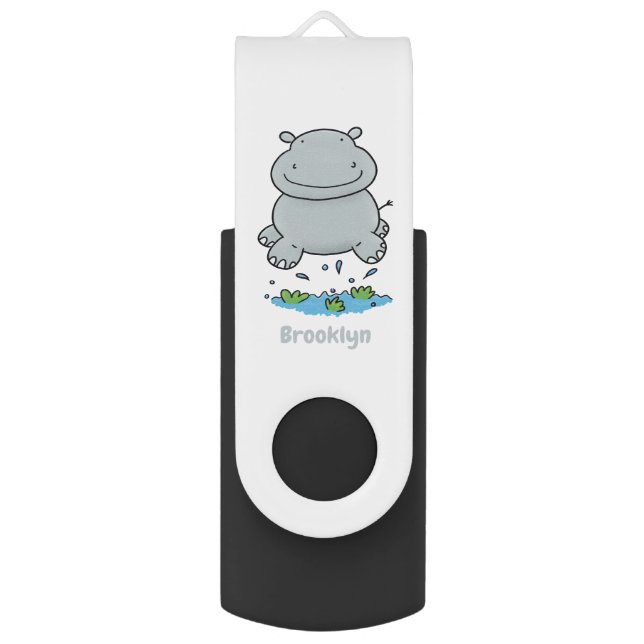 Cute hippo jumping cartoon illustration flash drive (Front Vertical)