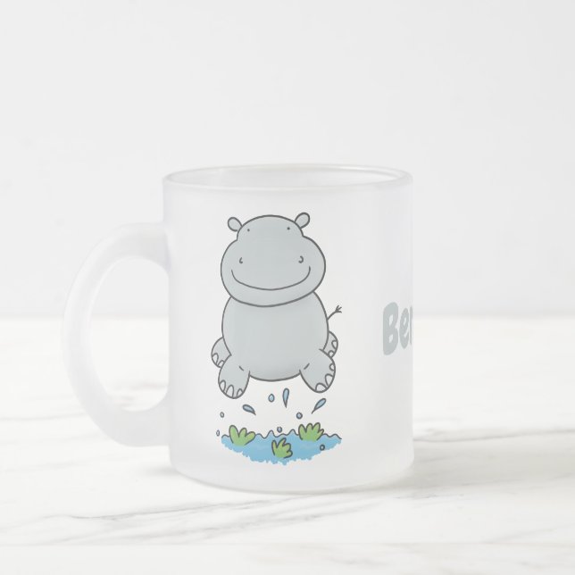 Cute hippo jumping cartoon illustration frosted glass coffee mug (Left)
