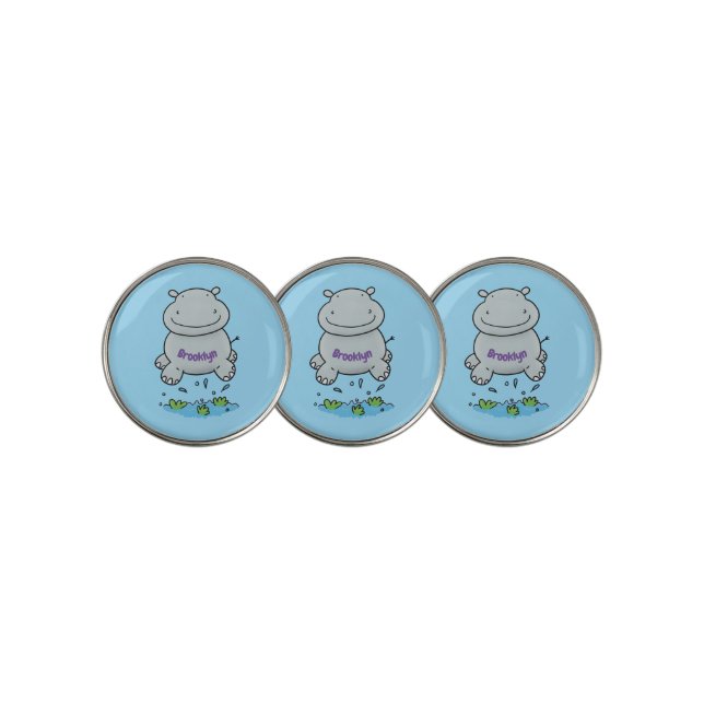 Cute hippo jumping cartoon illustration golf ball marker (3 Up)