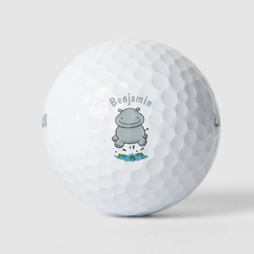 Cute hippo jumping cartoon illustration golf balls