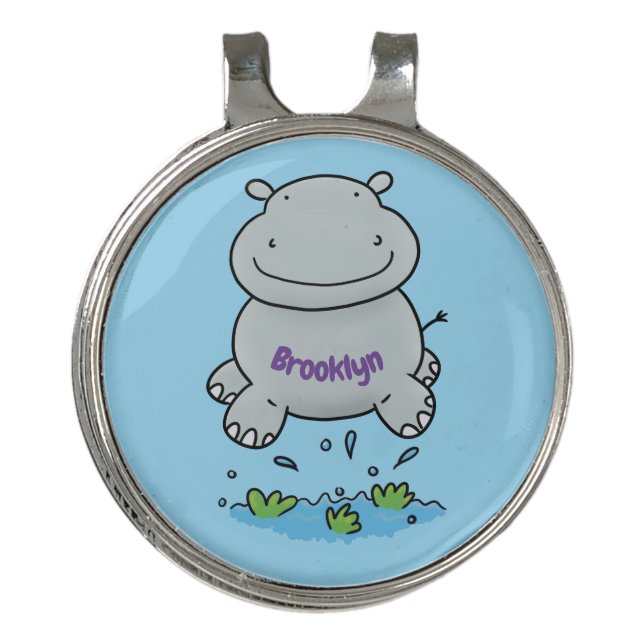 Cute hippo jumping cartoon illustration golf hat clip (Front)