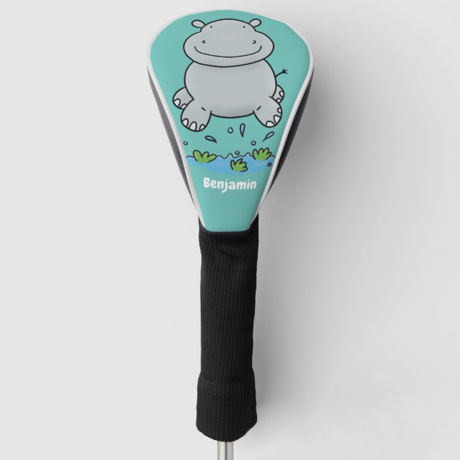 Cute hippo jumping cartoon illustration golf head cover (Front)