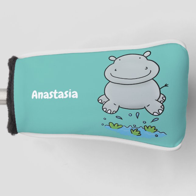Cute hippo jumping cartoon illustration golf head cover (Front)