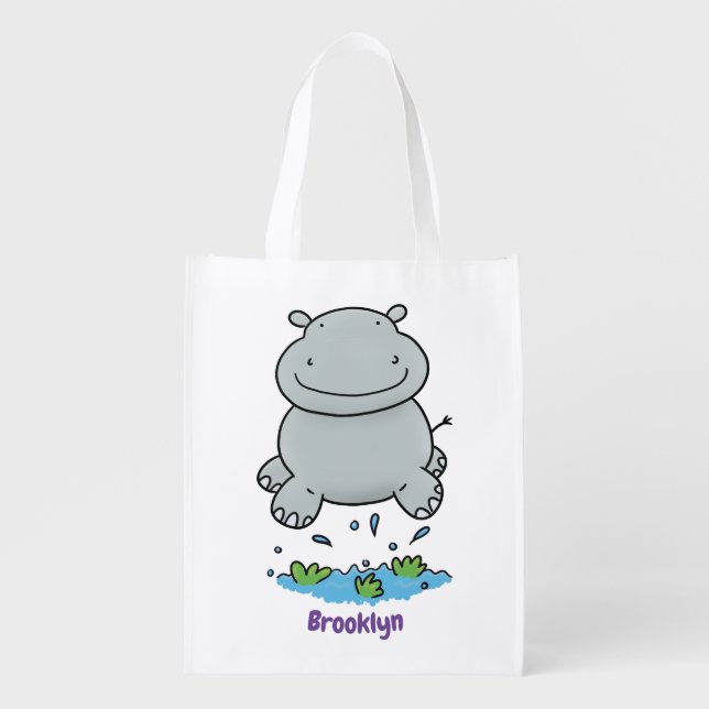 Cute hippo jumping cartoon illustration grocery bag (Front)