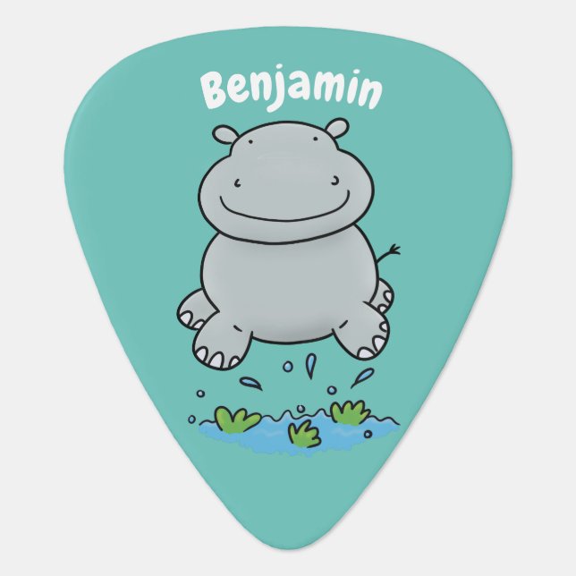 Cute hippo jumping cartoon illustration guitar pick (Front)
