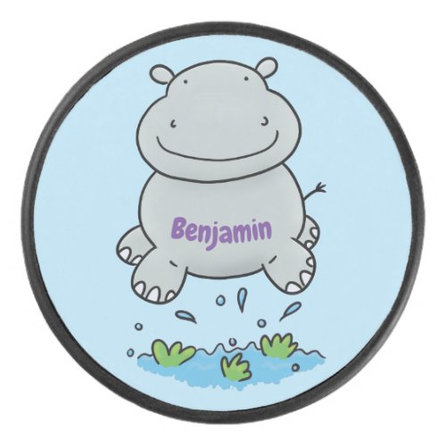 Cute hippo jumping cartoon illustration hockey puck