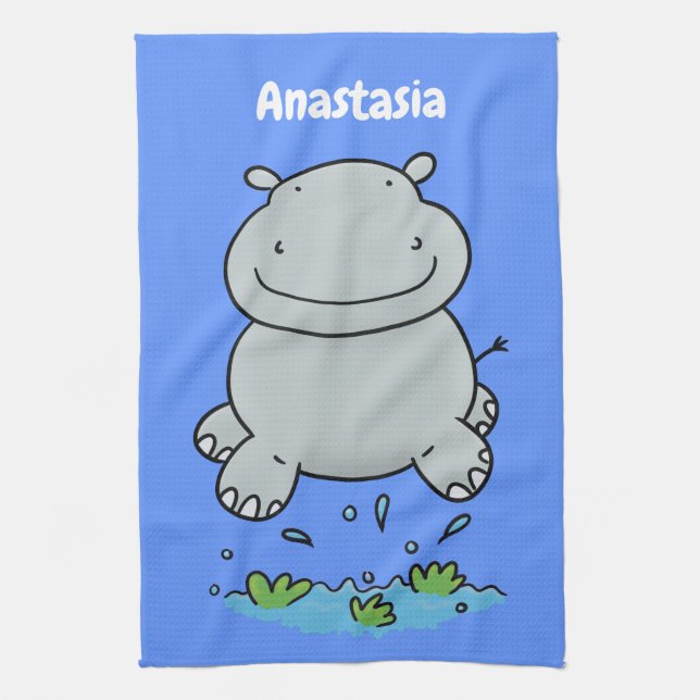 Cute hippo jumping cartoon illustration kitchen towel (Vertical)