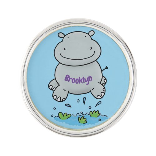 Cute hippo jumping cartoon illustration lapel pin
