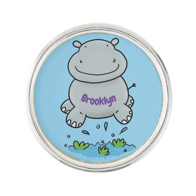 Cute hippo jumping cartoon illustration lapel pin (Front)