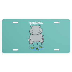 Cute hippo jumping cartoon illustration license plate