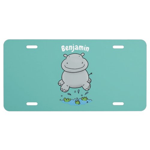 Cute hippo jumping cartoon illustration  license plate