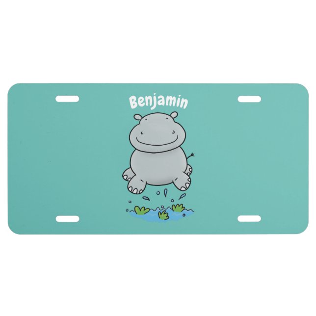 Cute hippo jumping cartoon illustration  license plate (Front)