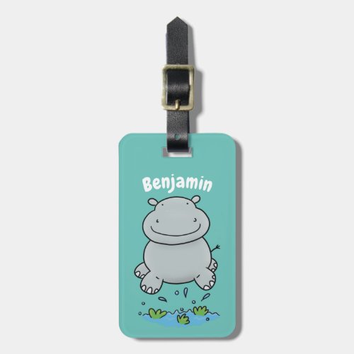 Cute hippo jumping cartoon illustration luggage tag