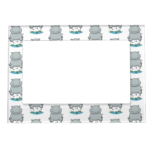 Cute hippo jumping cartoon illustration magnetic frame (Front)