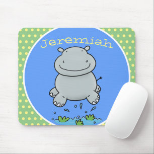 Cute hippo jumping cartoon illustration mouse pad