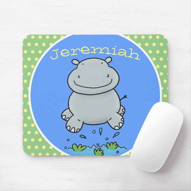 Cute hippo jumping cartoon illustration mouse pad (With Mouse)
