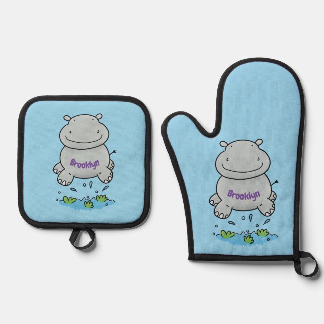 Cute hippo jumping cartoon illustration oven mitt & pot holder set (Front)