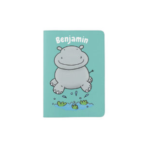 Cute hippo jumping cartoon illustration passport holder