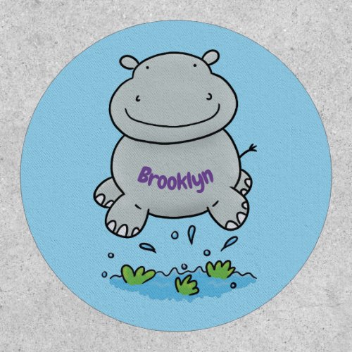 Cute hippo jumping cartoon illustration patch