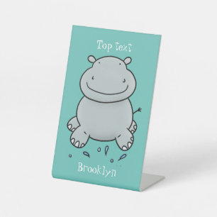 Cute hippo jumping cartoon illustration pedestal sign