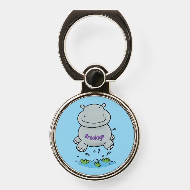Cute hippo jumping cartoon illustration phone ring stand (Front)