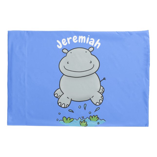Cute hippo jumping cartoon illustration pillow case (Back)