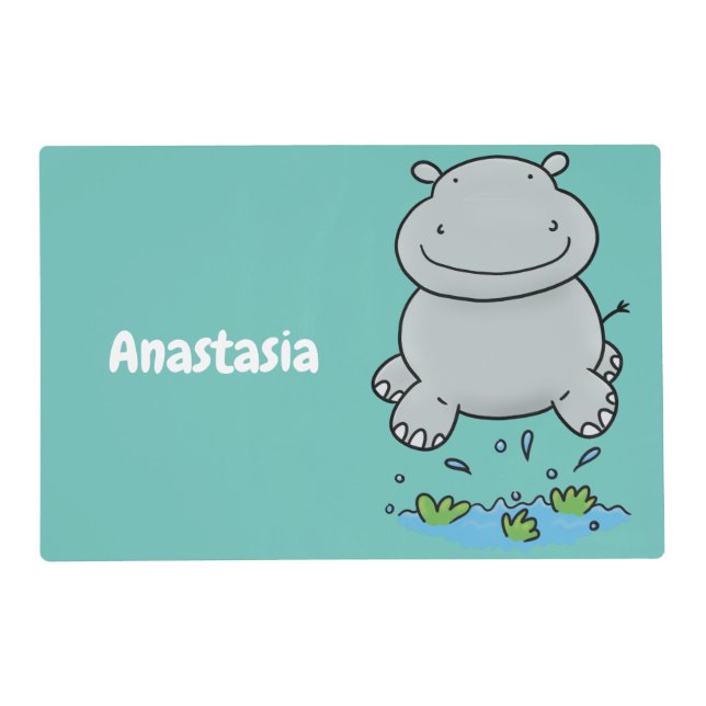 Cute hippo jumping cartoon illustration placemat (Front)