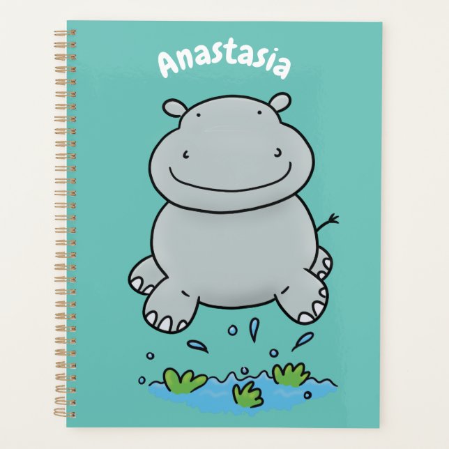 Cute hippo jumping cartoon illustration planner (Front)