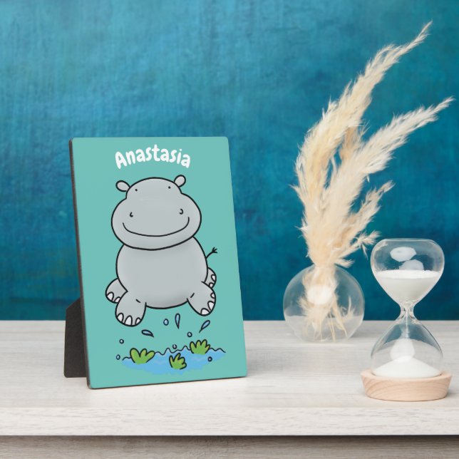 Cute hippo jumping cartoon illustration plaque (Side)