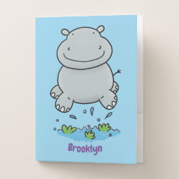Cute hippo jumping cartoon illustration pocket folder