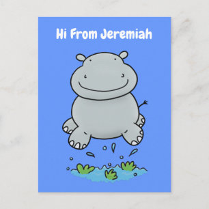Cute hippo jumping cartoon illustration postcard