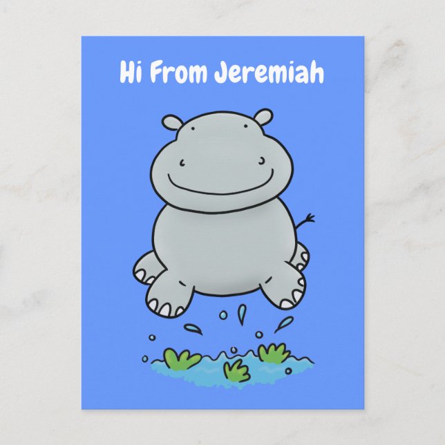 Cute hippo jumping cartoon illustration postcard (Front)
