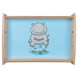 Cute hippo jumping cartoon illustration serving tray