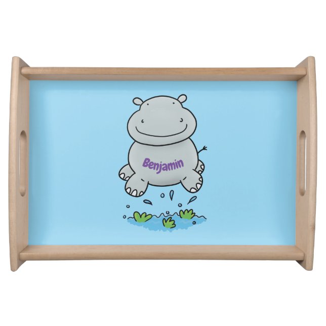 Cute hippo jumping cartoon illustration serving tray (Front)