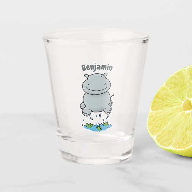 Cute hippo jumping cartoon illustration shot glass (Front)