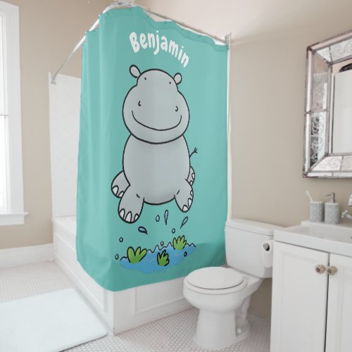 Cute hippo jumping cartoon illustration shower curtain