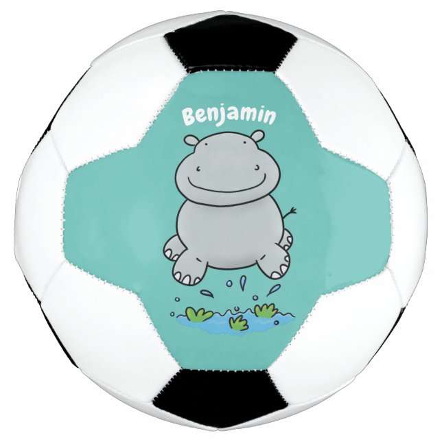 Cute hippo jumping cartoon illustration soccer ball (Front)