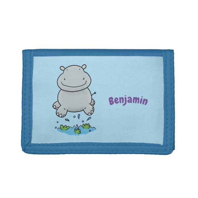 Cute hippo jumping cartoon illustration trifold wallet (Front)