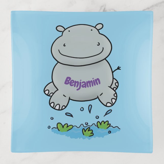 Cute hippo jumping cartoon illustration trinket tray (Front)