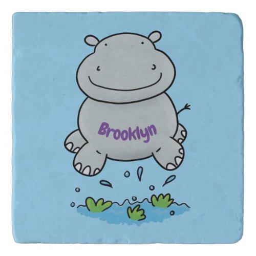 Cute hippo jumping cartoon illustration trivet