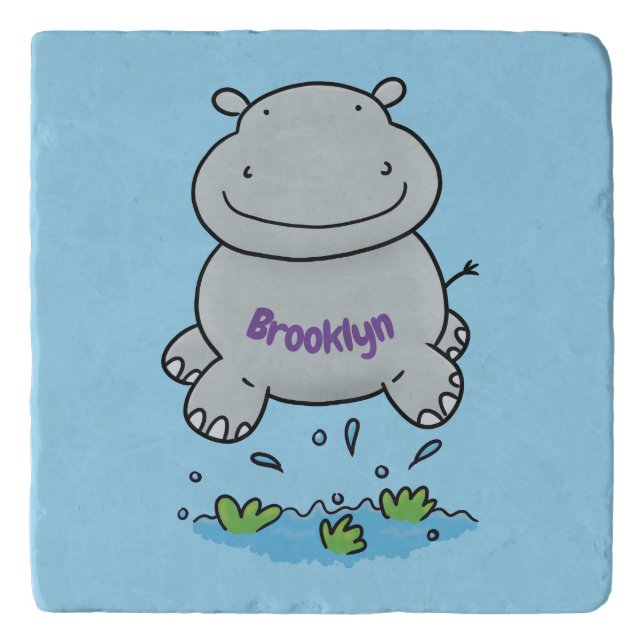 Cute hippo jumping cartoon illustration trivet (Front)