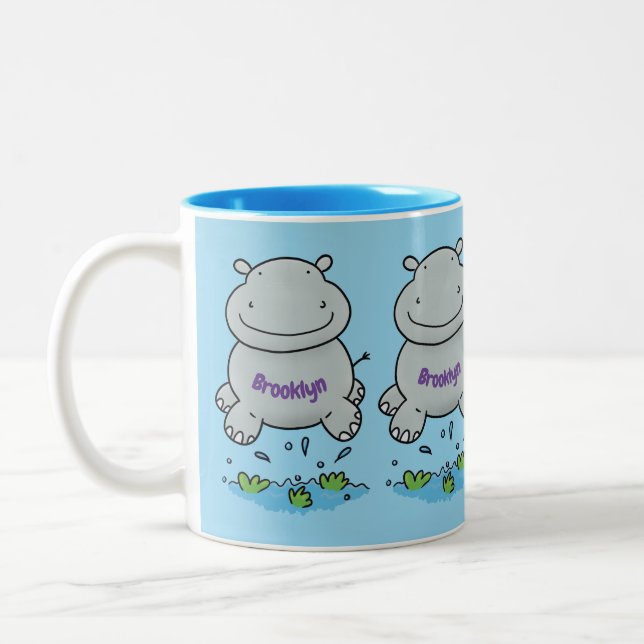 Cute hippo jumping cartoon illustration Two-Tone coffee mug (Left)