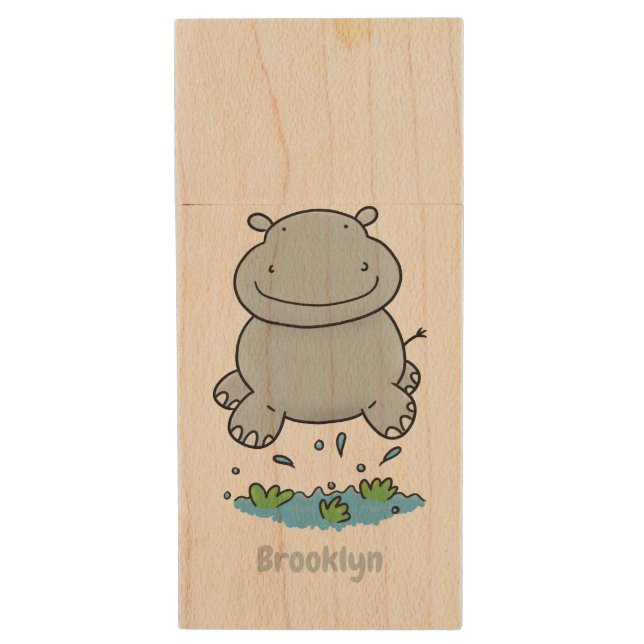 Cute hippo jumping cartoon illustration wood flash drive (Front Vertical)