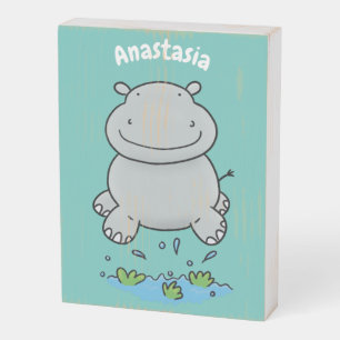 Cute hippo jumping cartoon illustration wooden box sign