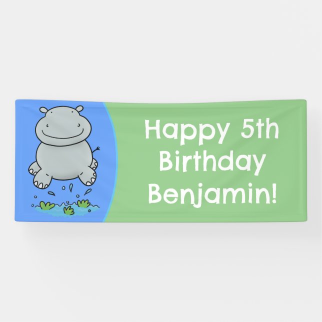 Cute hippo jumping cartoon personalized birthday banner (Horizontal)